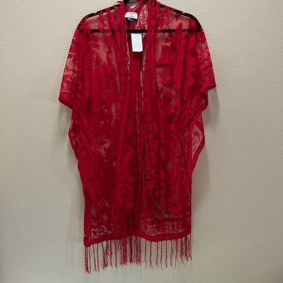 David and Young Red Floral Lace Fringe Kimono Burgundy Style ATO4050 OS NWT - Picture 2 of 7